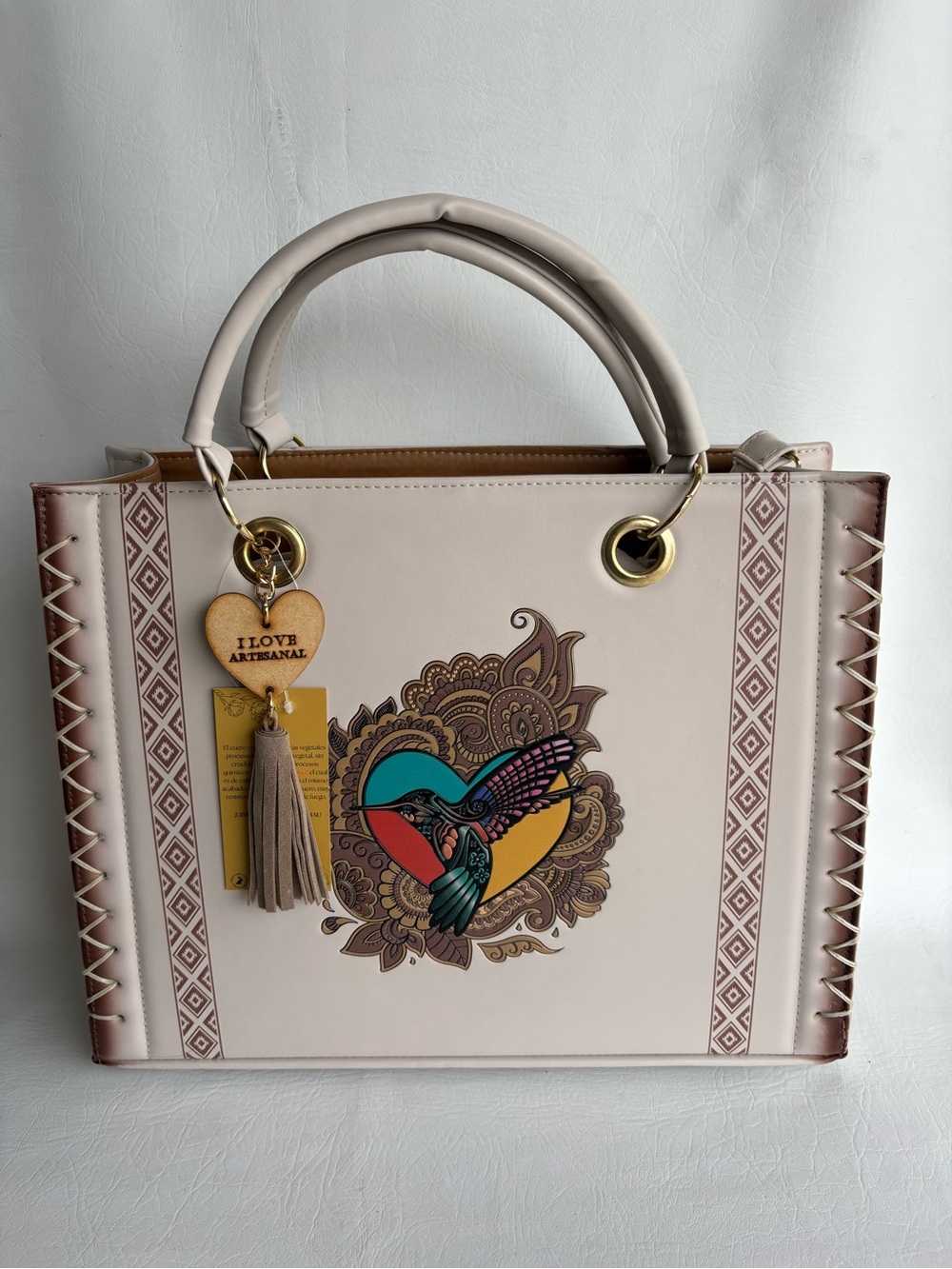 Vegan Leather Artisanal Beige Tote Bag with Colorful Hummingbird Motif handmade